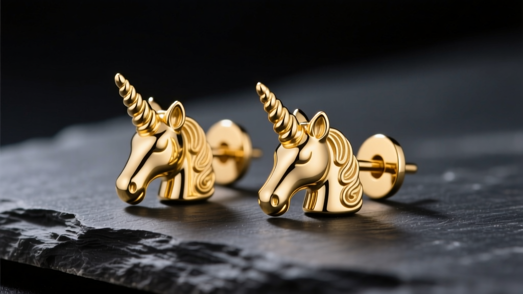 Macro shot of 14k solid gold unicorn stud earrings with detailed horns on dark slate under soft directional studio lighting.