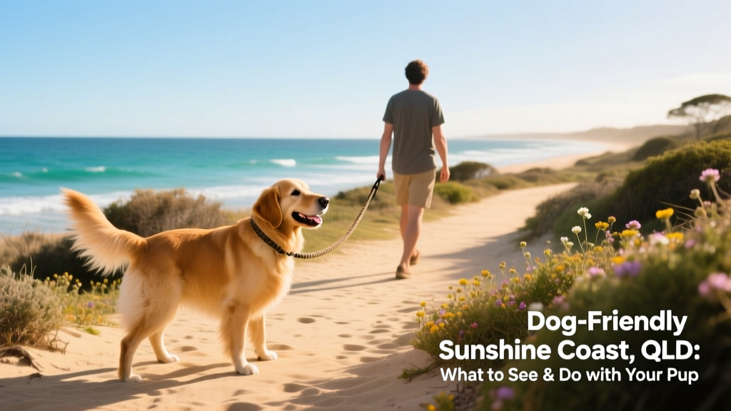 A scenic coastal walking trail with a dog on leash enjoying ocean views