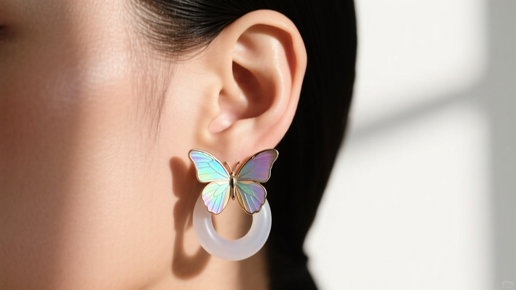 Side profile of an ear wearing a medium butterfly hoop earring with a clear silicone support disc to prevent lobe drooping.