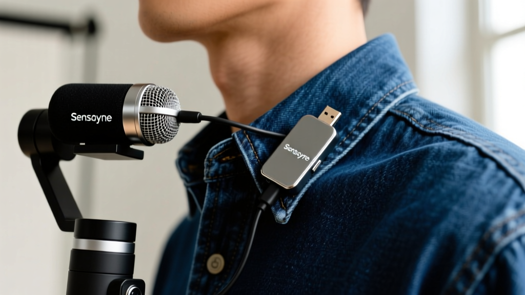 Close-up of a Sensyne wireless lavalier microphone clipped to a denim collar, with the USB-C receiver plugged into a smartphone gimbal rig.
