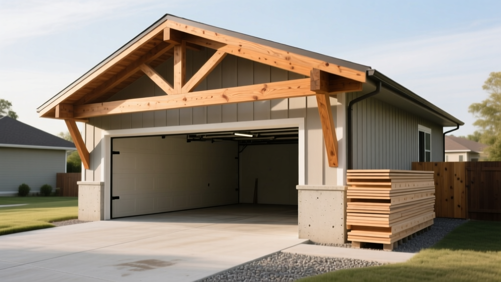 Framed 14x24 single-car garage with exposed wooden trusses, concrete slab foundation, and stacked engineered wood siding panels nearby
