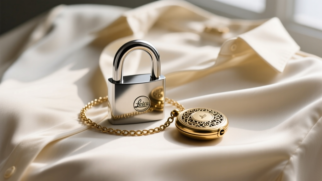Titanium padlock on a 2mm chain layered with a brass locket on a cream silk blouse, lit by soft natural window light.