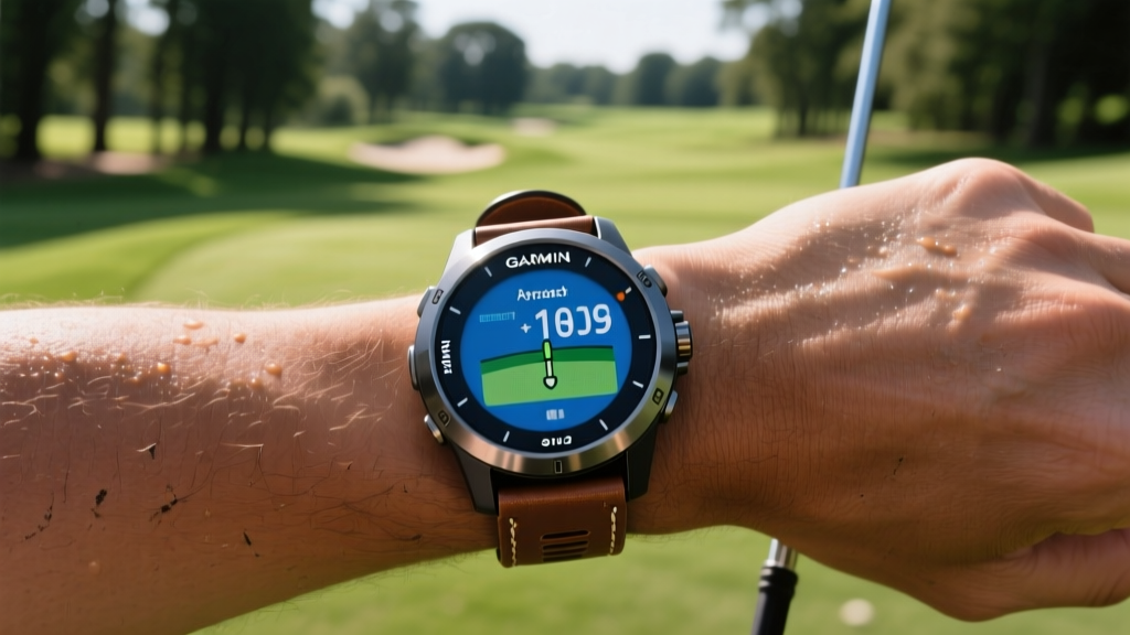 Close-up of a Garmin Approach S12 GPS watch on a golfer wrist, displaying yardage to the green under bright sunlight.