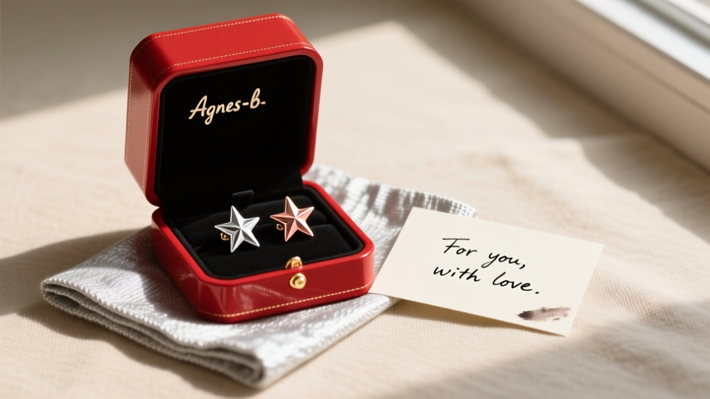 Flat lay of an open Agnes b branded red jewelry box containing star earrings, a silver polishing cloth, and a handwritten note.
