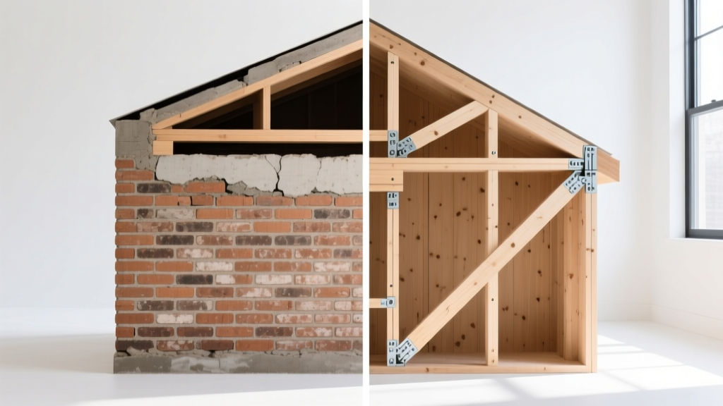 Split-screen architectural cross-section showing load-bearing brick masonry walls on the left and engineered wood light-frame shear walls on the right
