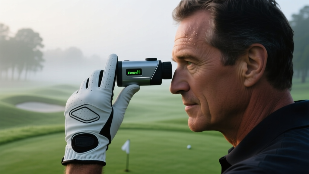 Close-up of a golfer on a misty par-3 tee box holding a budget-friendly laser rangefinder up to their eye to measure the pin distance.