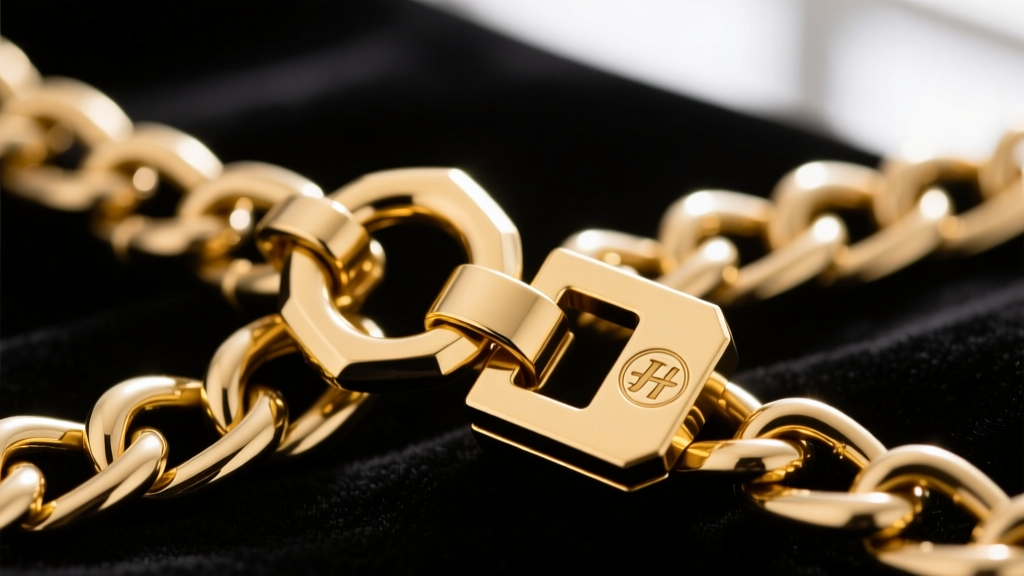 Macro shot of a heavy-duty 12mm gold box clasp with a figure-8 safety latch securing a thick 10mm Cuban link chain on dark velvet