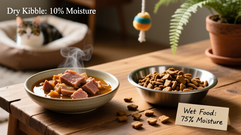 Side-by-side comparison showing moisture-rich wet food next to dry kibble, highlighting texture and hydration difference