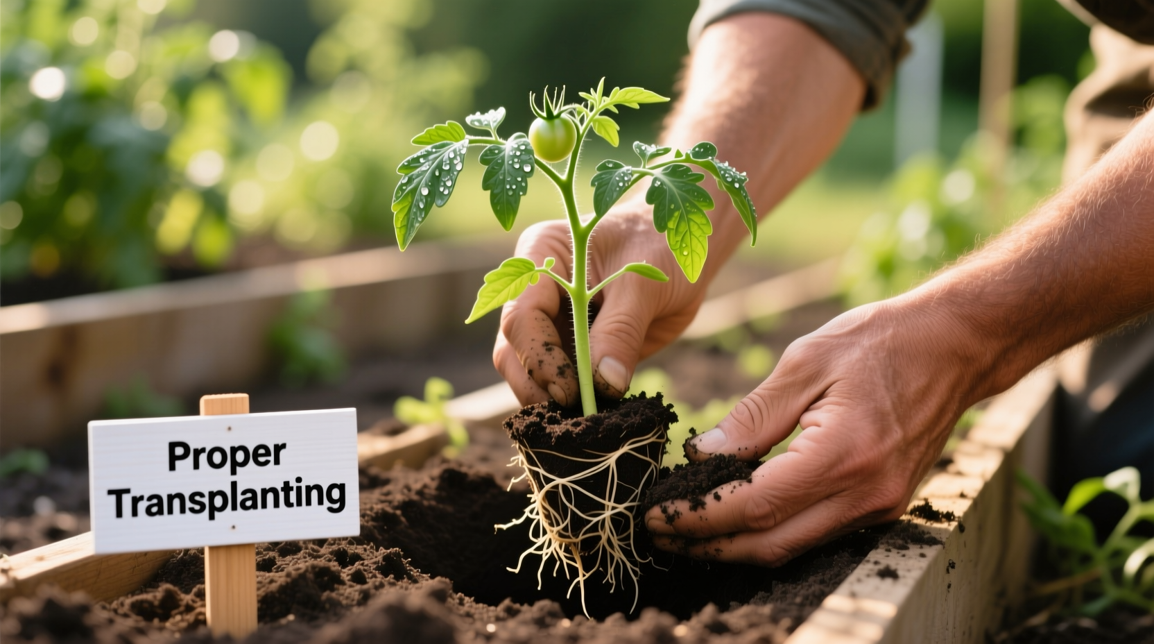 Proper tomato transplanting technique demonstration