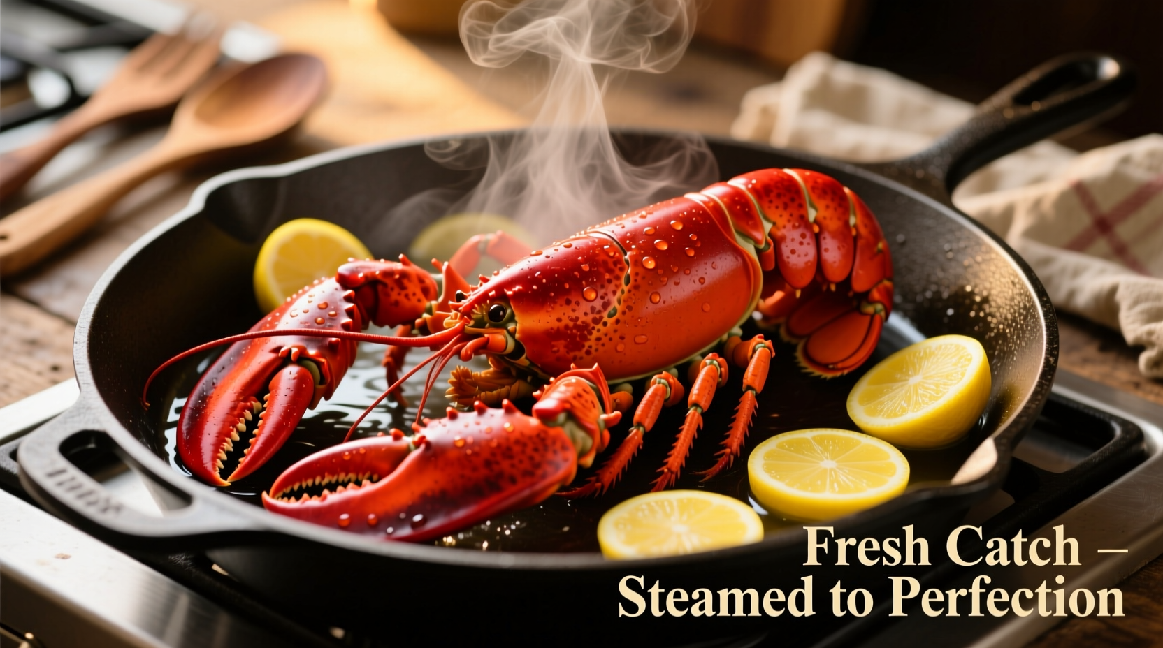 Steaming cooked lobster in a pot with lemon slices