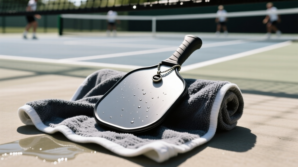 Matte titanium pickleball paddle pendant resting on a sweat-drenched athletic towel under bright outdoor court lighting