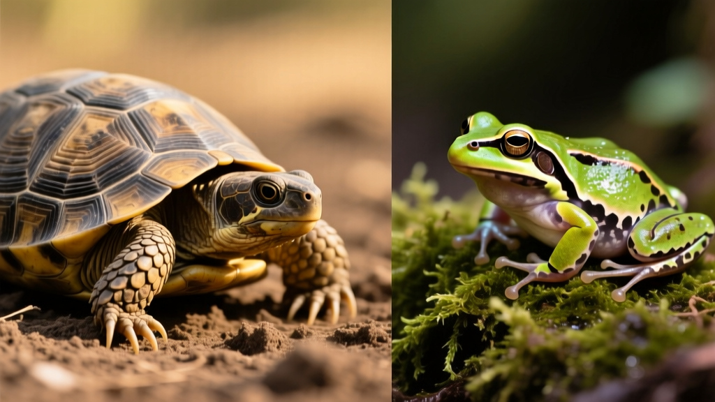 Split image: left side shows a box turtle on soil with scaly skin; right side shows a leopard frog on moss with smooth, moist skin