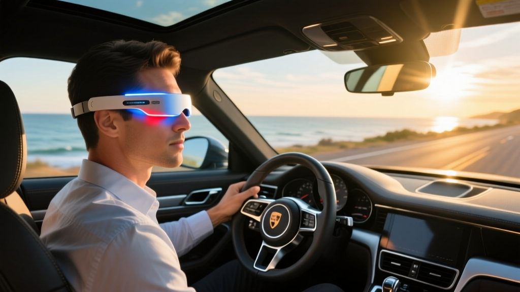 A man in a modern car driver seat using a sleek portable LED light therapy device on his face during a sunny highway commute.