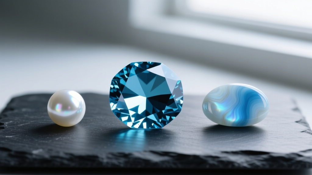 Three polished gems on dark slate: a faceted blue aquamarine, a white saltwater pearl, and a smooth blue-white larimar cabochon.