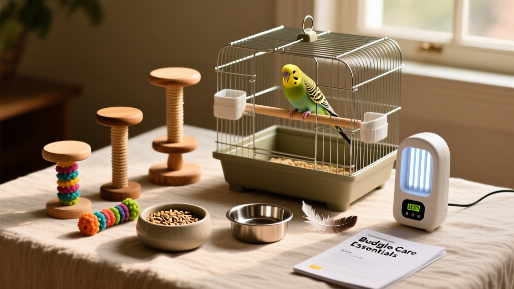 A curated collection of parakeet supplies: cage, perches, toys, food, water dish, and UV lamp on a clean surface