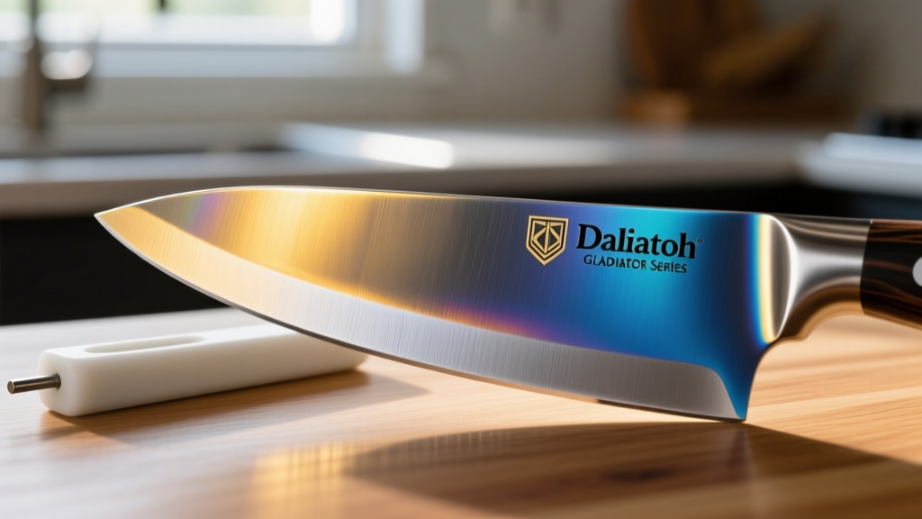 Close-up macro shot of a Dalstrong Gladiator series knife edge reflecting sunlight next to a portable ceramic honing rod