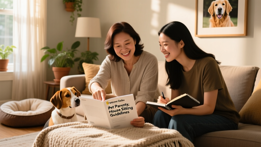 A pet parent and sitter reviewing a printed Welcome Guide together on the living room sofa