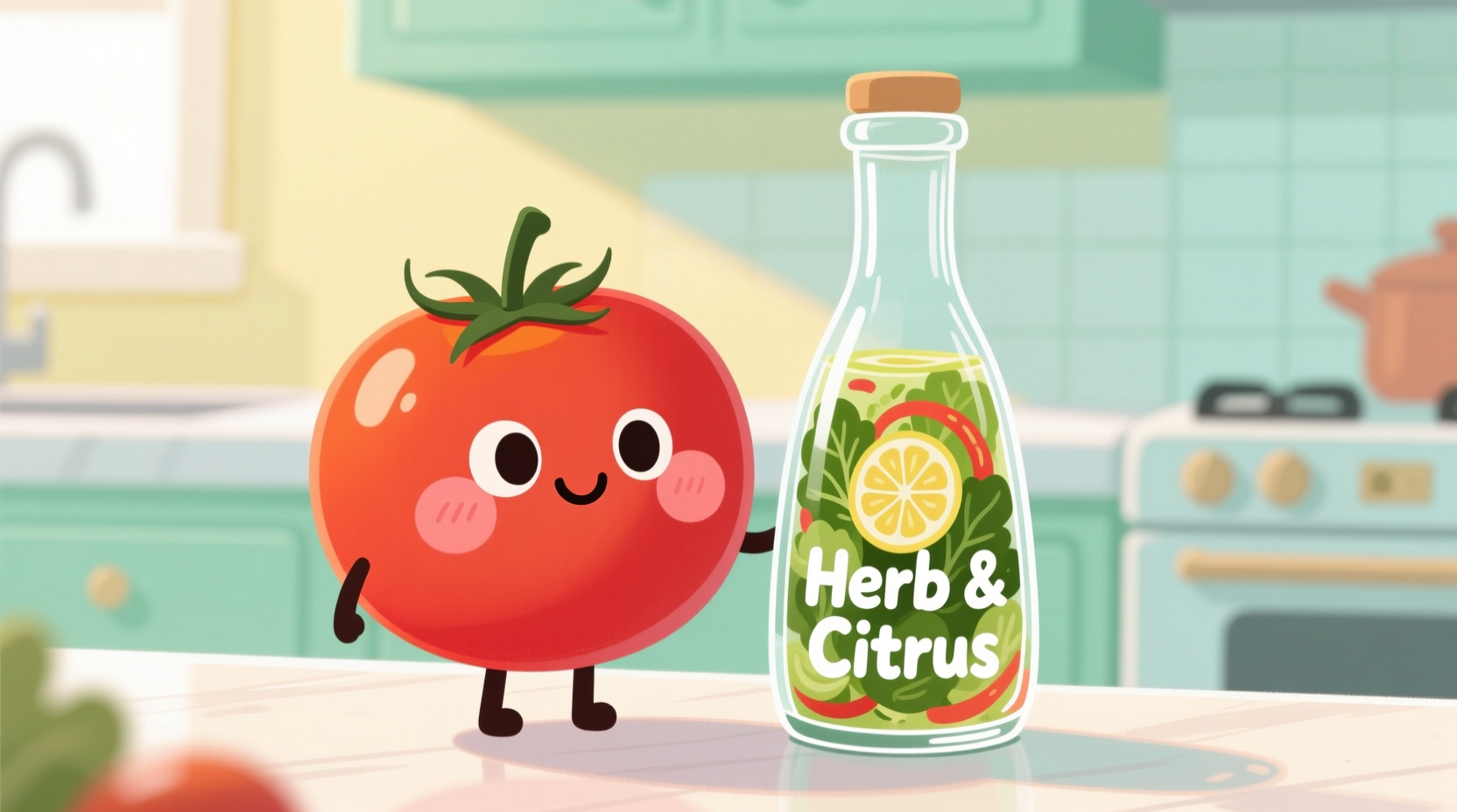 Cartoon tomato blushing next to salad dressing bottle