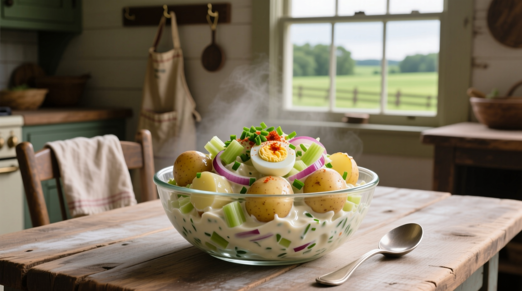 Creamy potato salad with ranch dressing in glass bowl