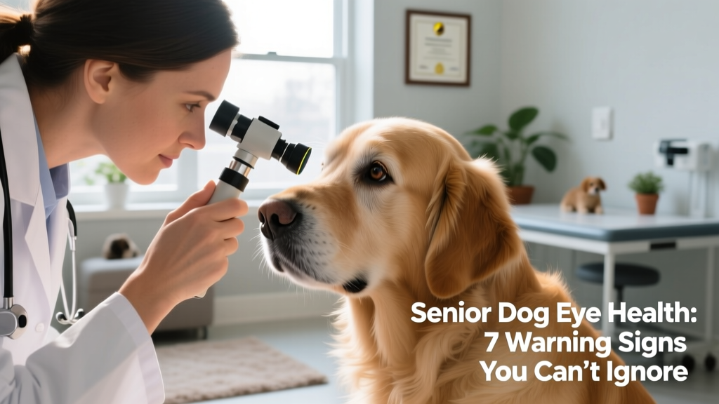 Veterinarian using a handheld ophthalmoscope to examine a senior dog's eye during routine checkup