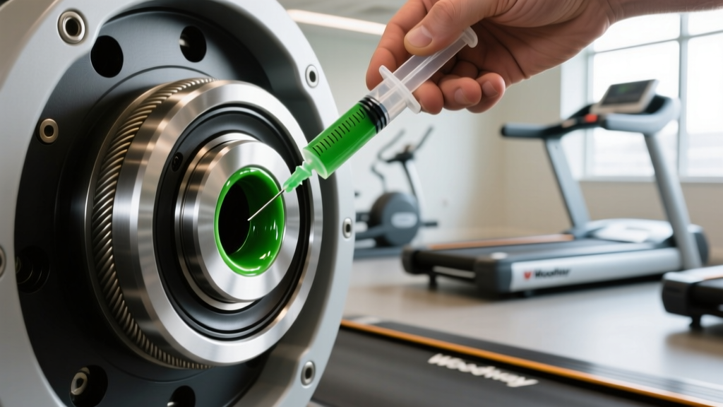 Applying marine-grade lithium grease to sealed rear carriage bearings of a Woodway Curve treadmill using a precision syringe