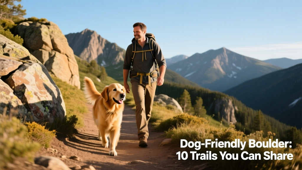 A person hiking a rocky mountain trail with their dog walking confidently beside them
