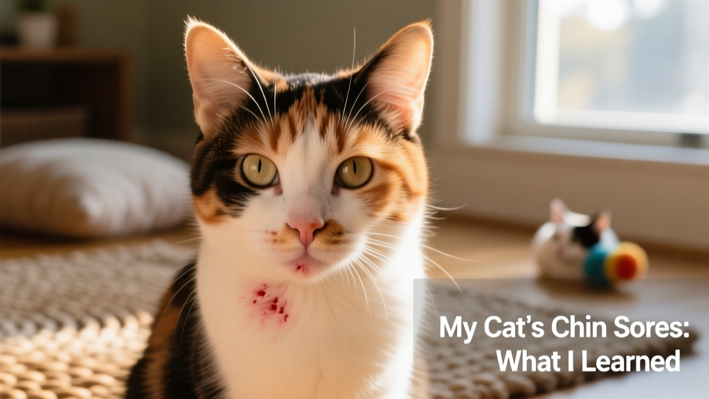 Close-up of a calico cat with mild redness and small sores under the chin