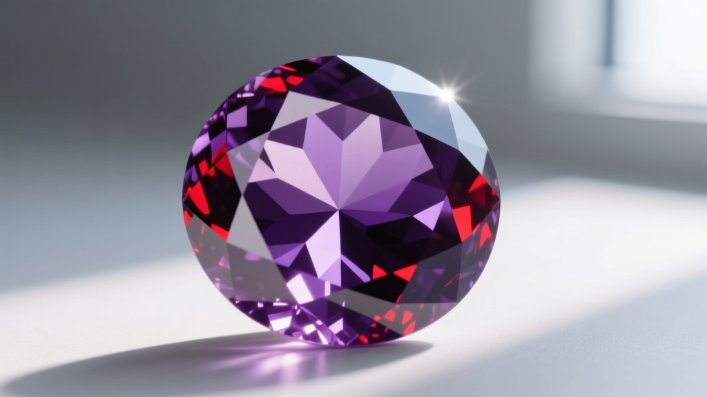 Macro shot of Siberian amethyst gemstone showing color zoning, deep purple hues, and red flashes under a bright jeweler's loupe