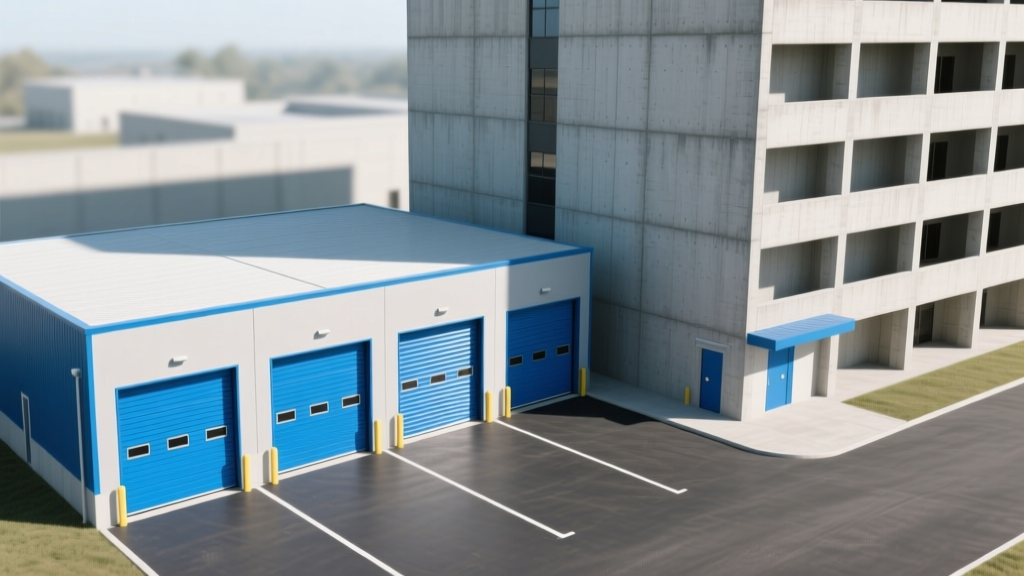Aerial view of a new single-story storage facility with blue roll-up doors and asphalt next to a multi-story concrete storage building