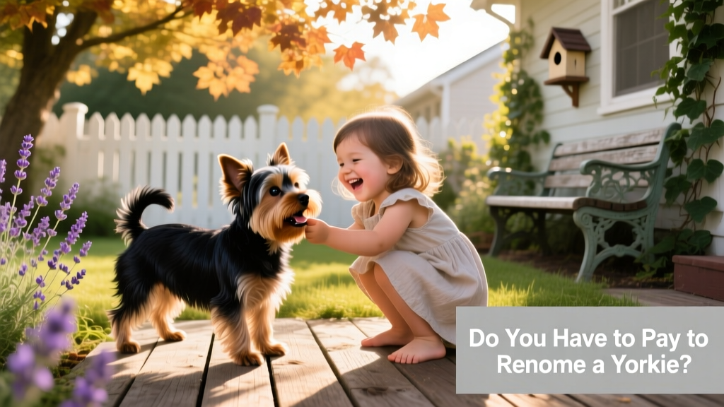A Yorkie happily playing with a child in a sunlit backyard, illustrating a warm, safe home environment