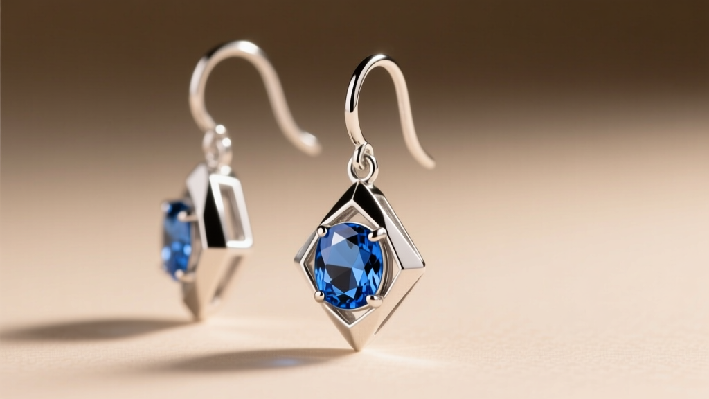 Close-up of geometric sterling silver and London blue topaz drop earrings catching soft studio light on a neutral background