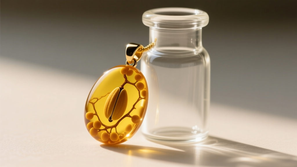 Macro view of a yellowed epoxy resin mustard seed pendant beside a clear borosilicate glass vial under bright natural daylight.