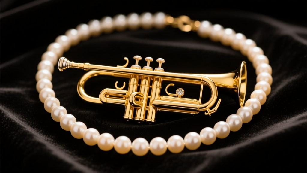 Close-up of a 14k gold trombone clasp and pin stem on a pearl necklace, resting on dark velvet under soft, warm studio lighting.