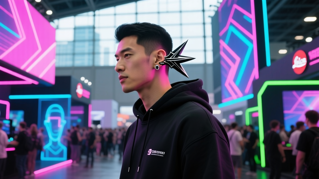 Profile of a man wearing a black PVD shuriken ear cuff and streetwear hoodie, standing inside a neon-lit gaming convention hall