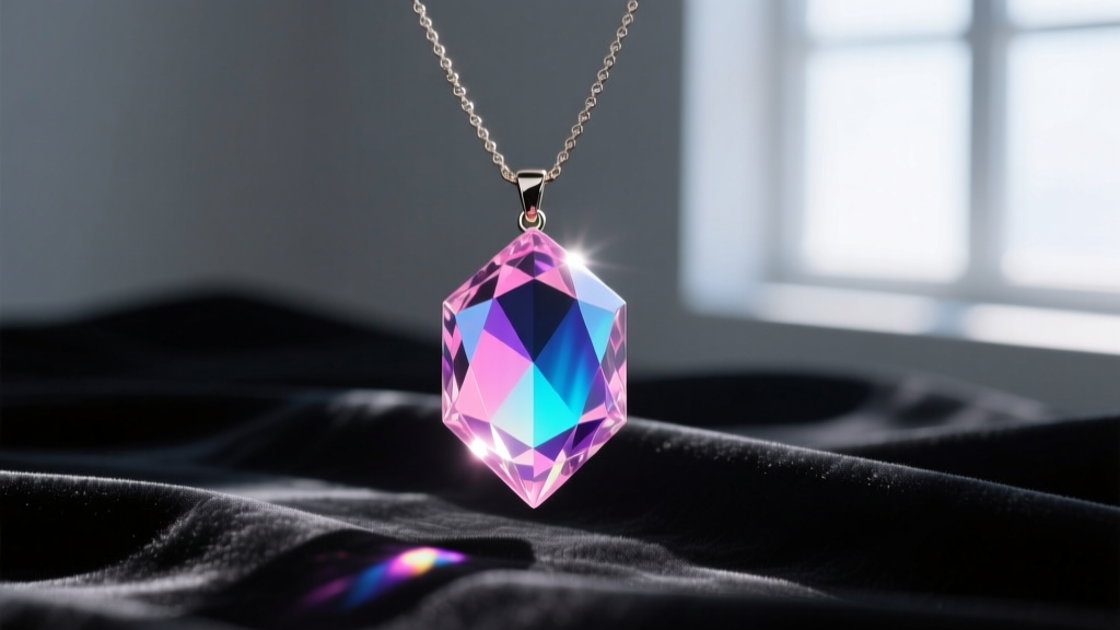 Close-up of a faceted aurora borealis crystal necklace pendant reflecting iridescent pink and blue light against dark velvet.