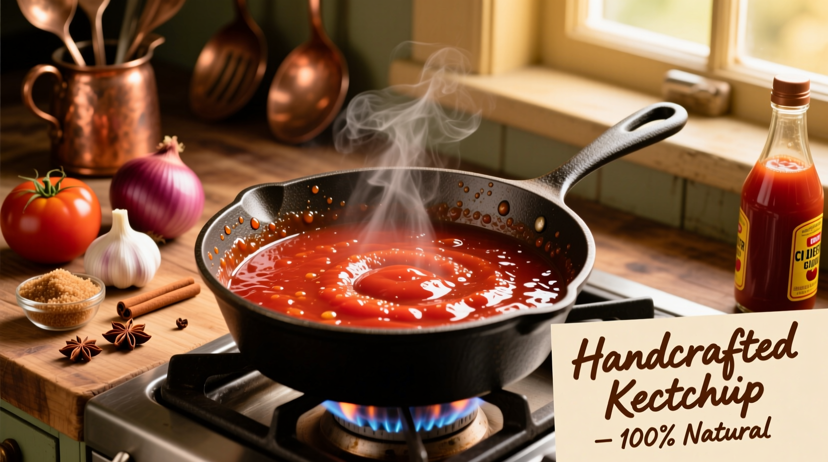 Homemade ketchup simmering in saucepan with ingredients