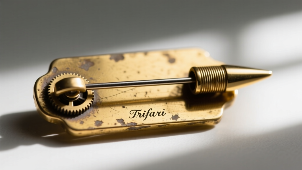 Macro shot of a vintage 1950s Trifari brooch clasp showing the patented 18-gauge pin stem and oxidized gold-tone metal backing.