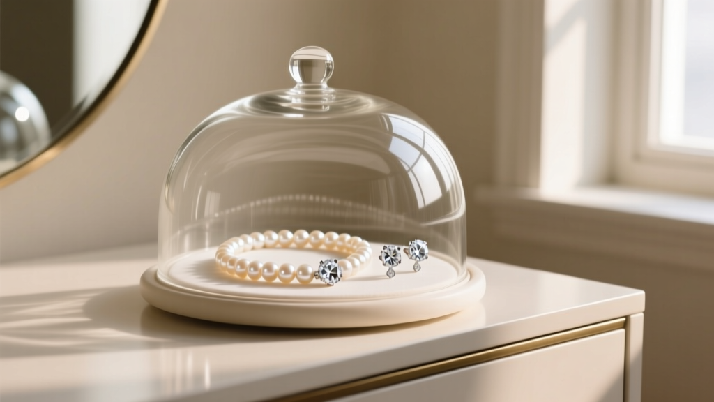 Glass cloche display on a vanity holding a pearl necklace and diamond earrings, shot from a low angle.