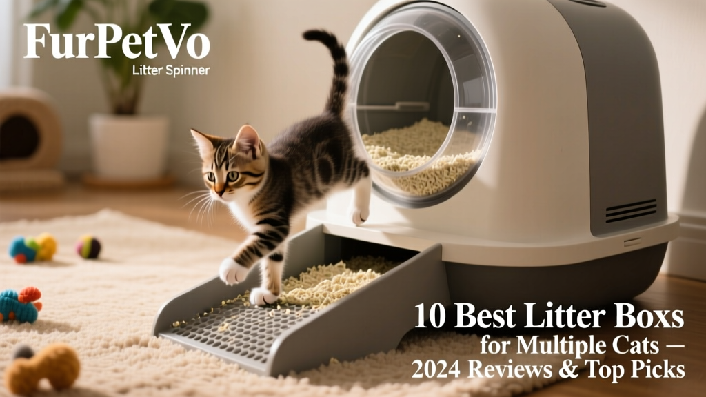 A close-up of the FurPetVo Litter Spinner in action: a kitten stepping onto the gently rotating entrance ramp, with clean litter visible inside the chamber