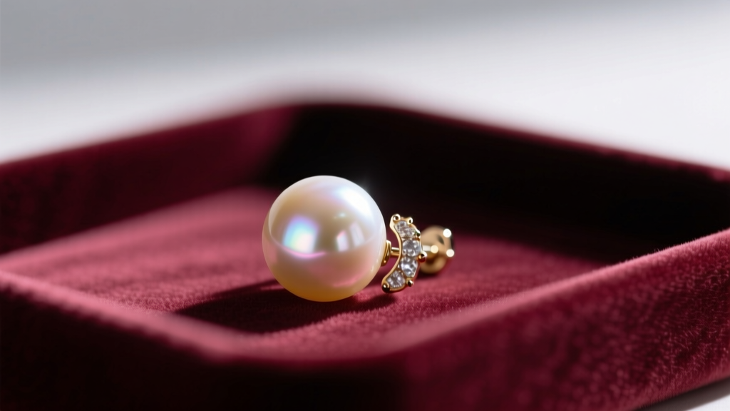 Macro photography of a Hanadama grade Akoya pearl earring on a velvet tray, showing sharp light reflections and rose overtone