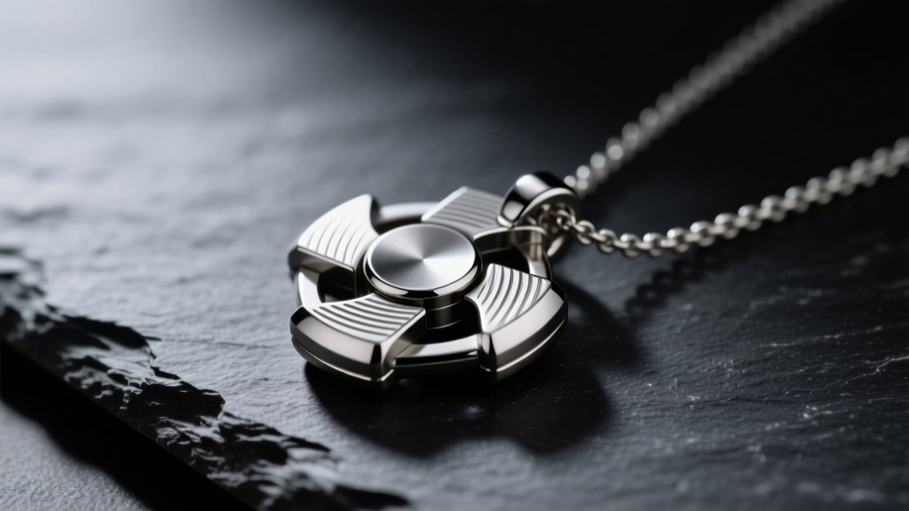 Macro shot of a titanium anxiety necklace spinner pendant on dark slate, lit by soft directional light showing machined grooves