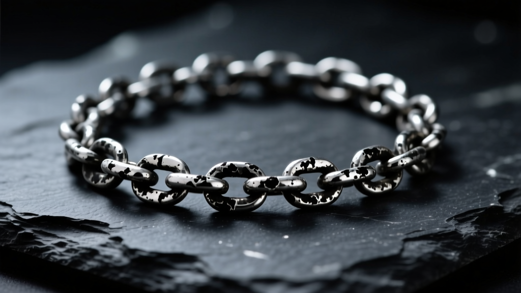 Macro of a tarnished 925 sterling silver chain on dark slate, revealing black silver sulfide patina under moody studio lighting.