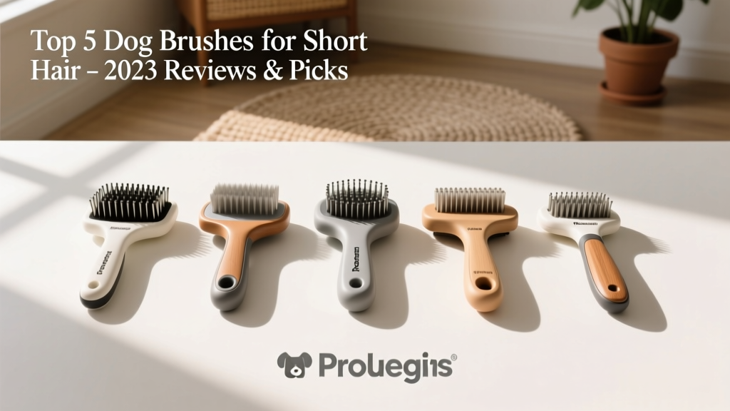 Side-by-side comparison of five short-hair dog brushes on a clean white surface