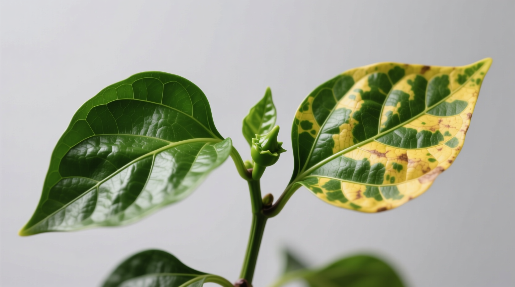 Side-by-side comparison of healthy vs magnesium-deficient pepper leaves showing interveinal chlorosis specifically during fruit development stage
