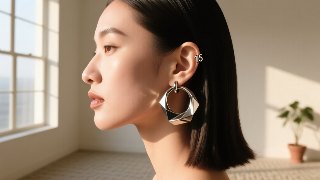 Model side profile wearing a 16-gauge titanium kinetic hoop with moving geometric charms, lit by soft natural window light.