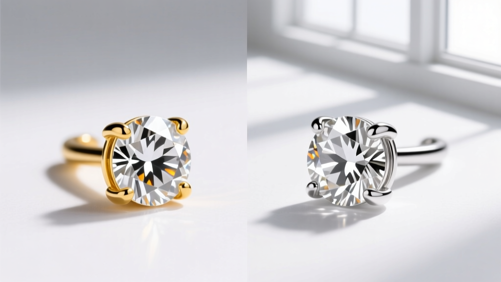 Split comparison of white sapphire studs in 18k yellow gold versus rhodium-plated white gold, showing contrast and stone color.