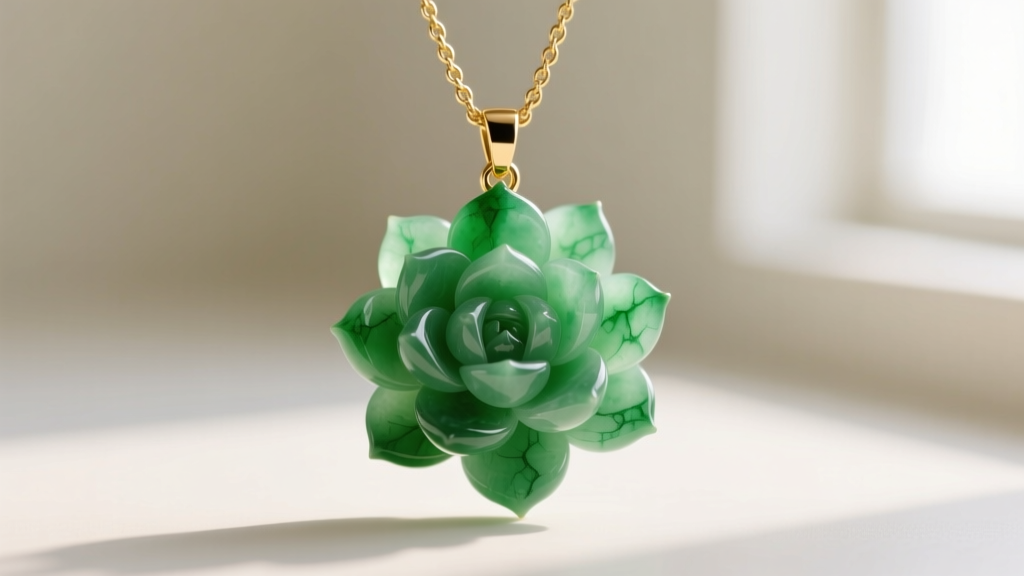 Macro shot of a translucent green jadeite pendant carved into a stacked succulent, hanging from an 18k gold chain.