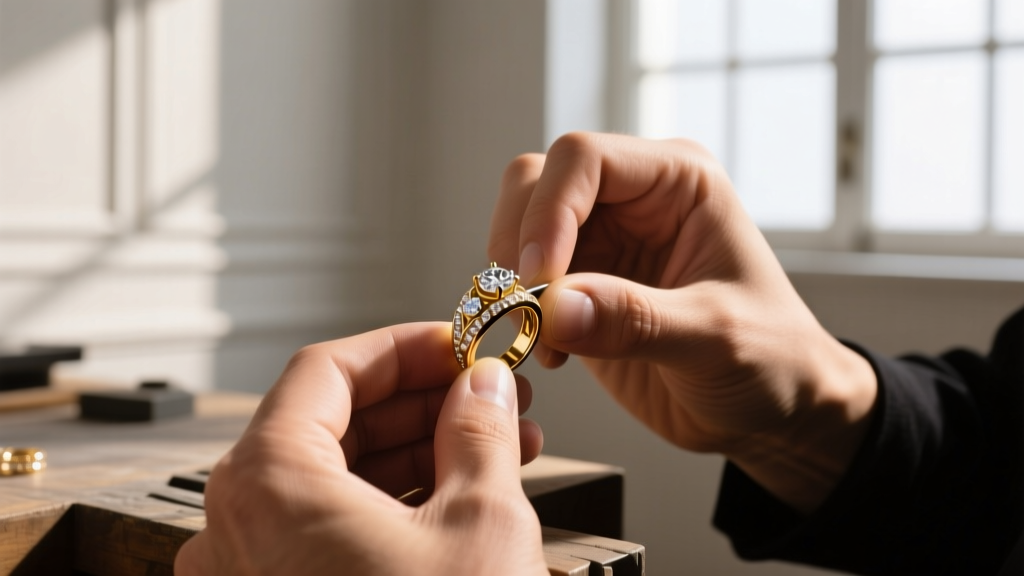 Jeweler's loupe inspecting diamond prongs on a heavy gold rap pendant, with a soft brush and cleaning fluid in the background.