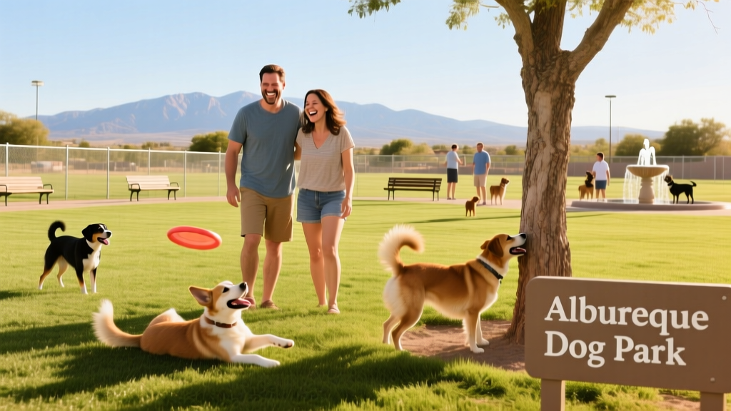 Pet parents and their dog enjoying a sunny day at a spacious, fenced dog park in Albuquerque.
