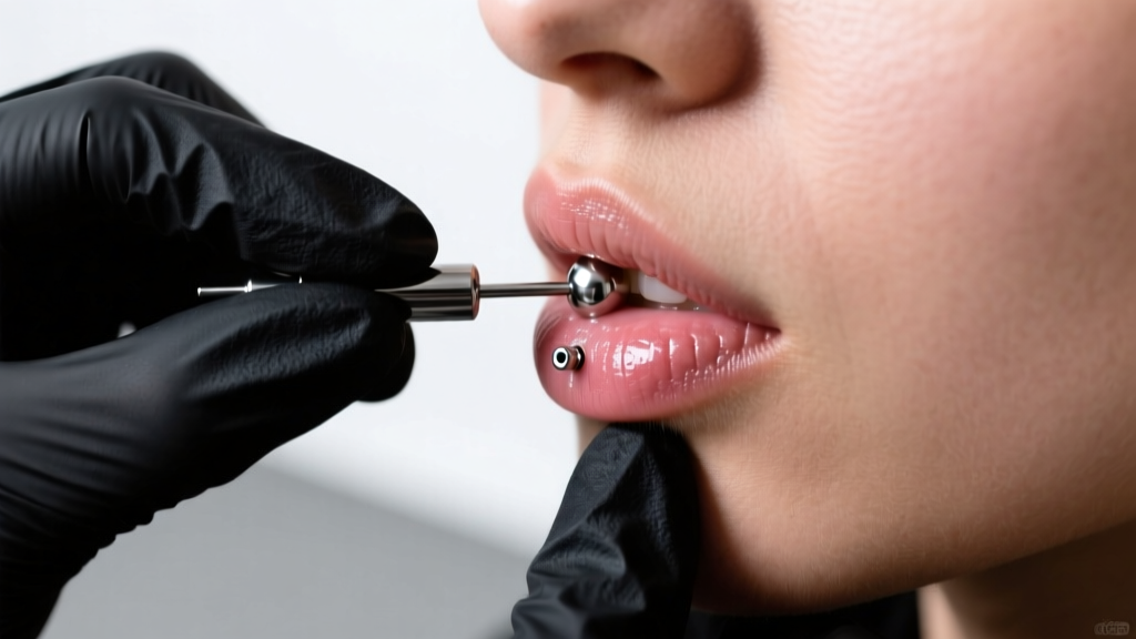Piercer inserting a 14-gauge titanium flat-back labret stud into a fresh lower lip piercing while wearing black nitrile gloves.